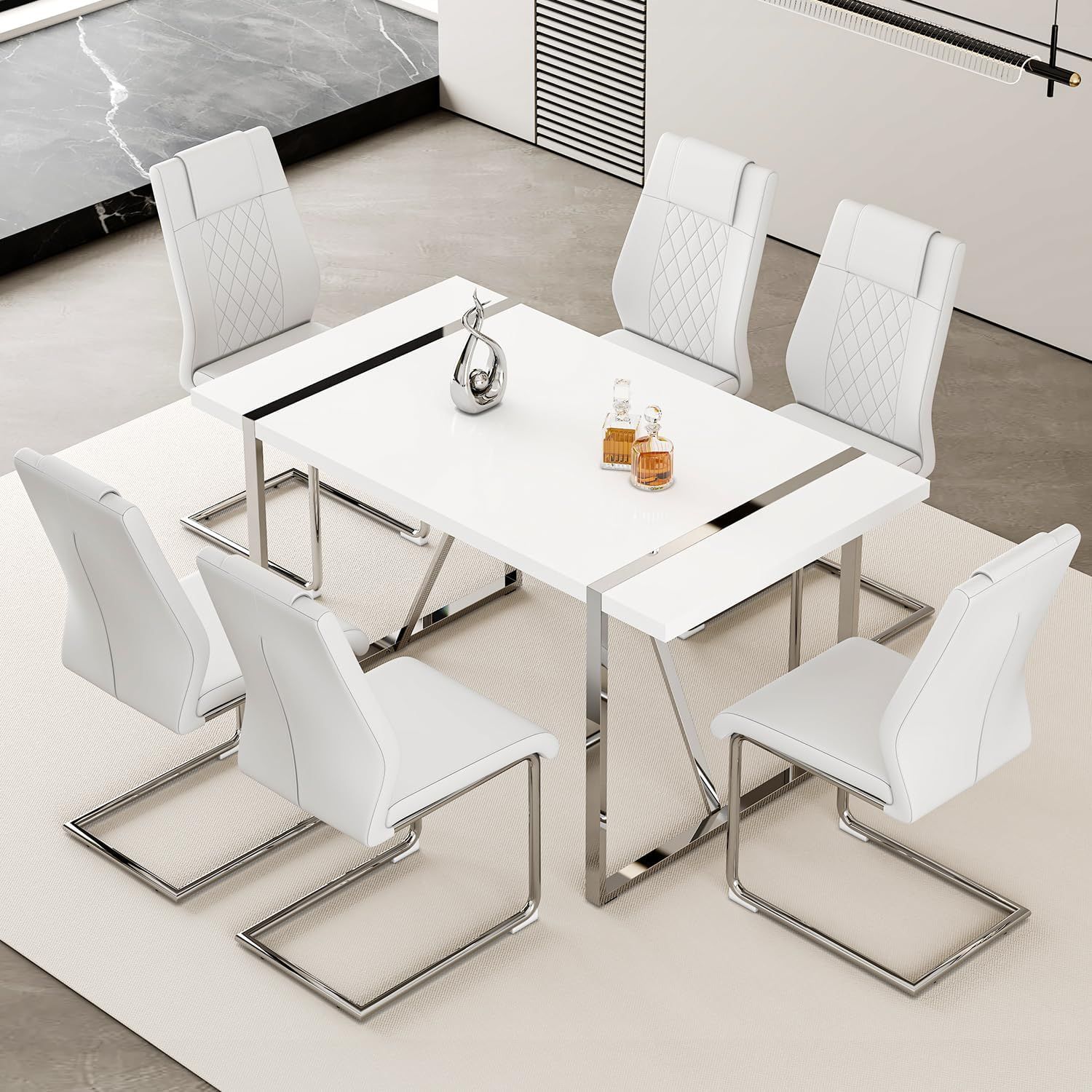 Amazon.com - 55‘’ Modern Dining Table Set For 6, White Dining Tabletop ... throughout Modern Dining Table Set For 6 People