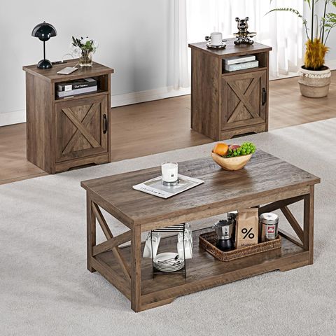 Amazon.com: Amerlife 3-Piece Farmhouse Living Room Table Set - Includes ... in Farmhouse Coffee Table Set With X-Side Detail And Built-In Storage, Dark Gray Hickory