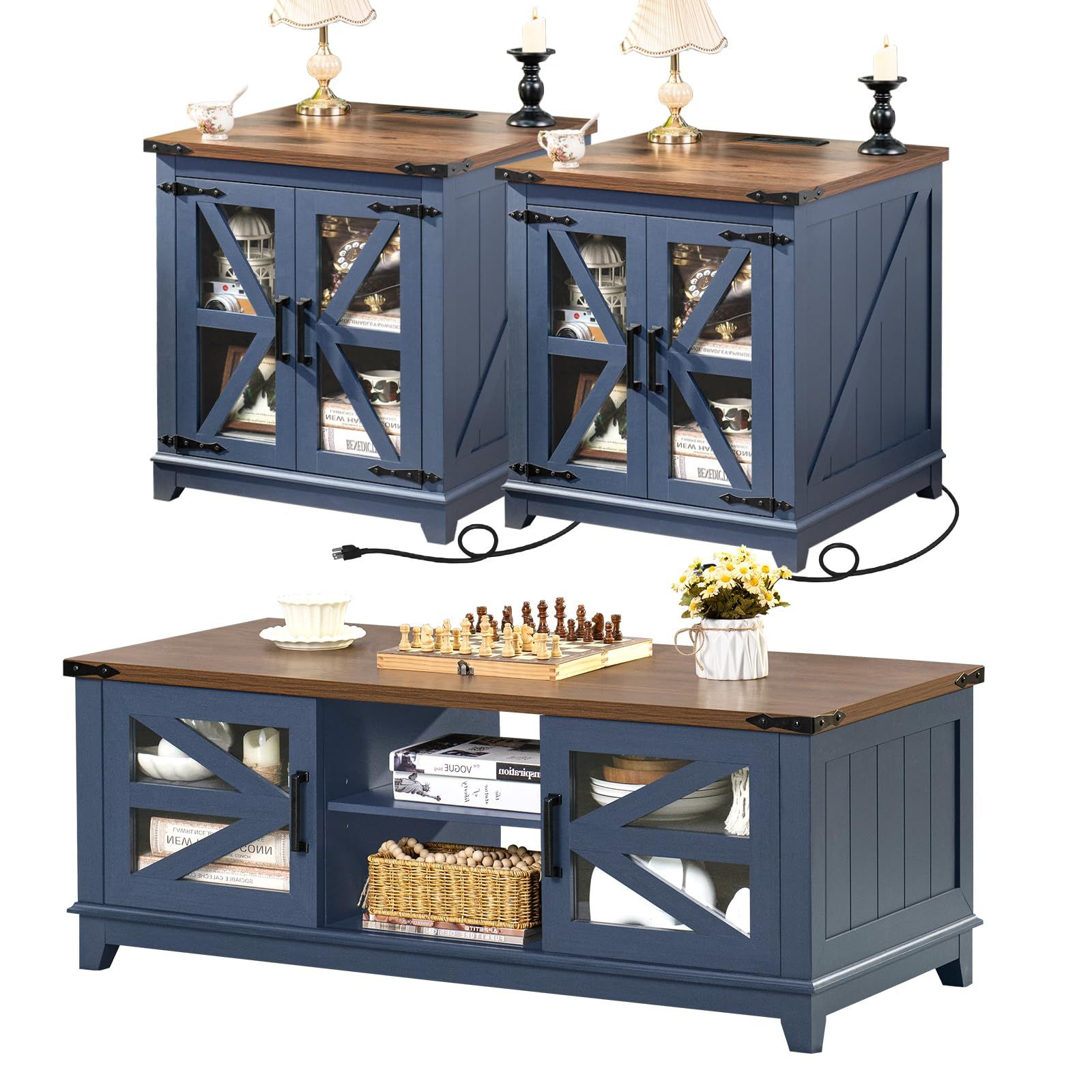 Amazon.com: Farmhouse Coffee Table Sets 3 Pieces, End Side Tables With ... within Farmhouse Coffee Table Set With X-Side Detail And Built-In Storage, Dark Gray Hickory