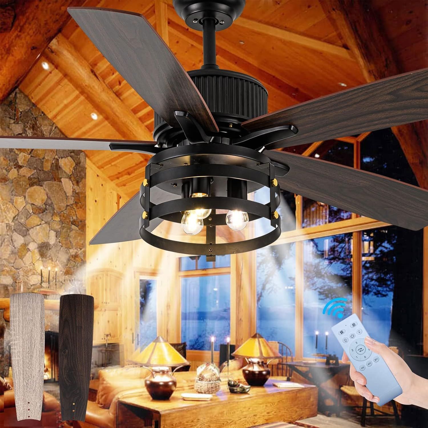 Amazon.com: Farmhouse Rustic Ceiling Fan With Lights, 52 Inch ... inside Industrial Outdoor Ceiling Fan For Large Hall