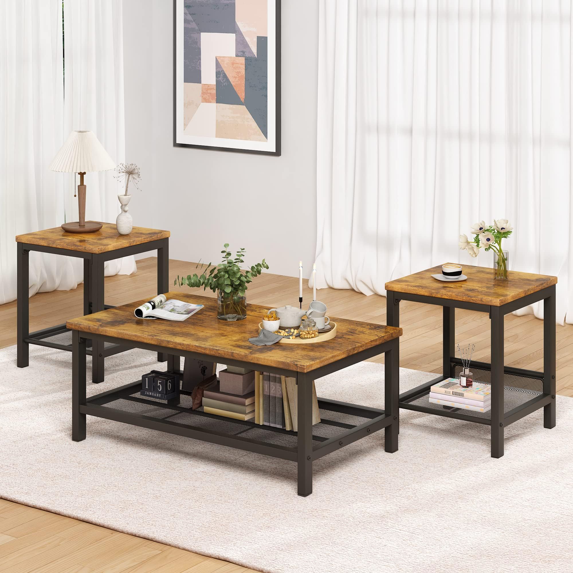 Amazon.com: Harper &amp; Bright Designs 3 Piece Coffee Table Set For Living ... with 3-Piece Rectangular Wooden Coffee Table Set With Tapered Legs, Black