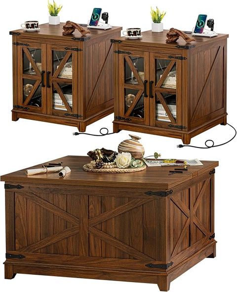 Amazon.com: Joaxswe Farmhouse Coffee Table Set, 3 Pieces: Large End ... in Farmhouse Coffee Table Set With X-Side Detail And Built-In Storage, Dark Gray Hickory