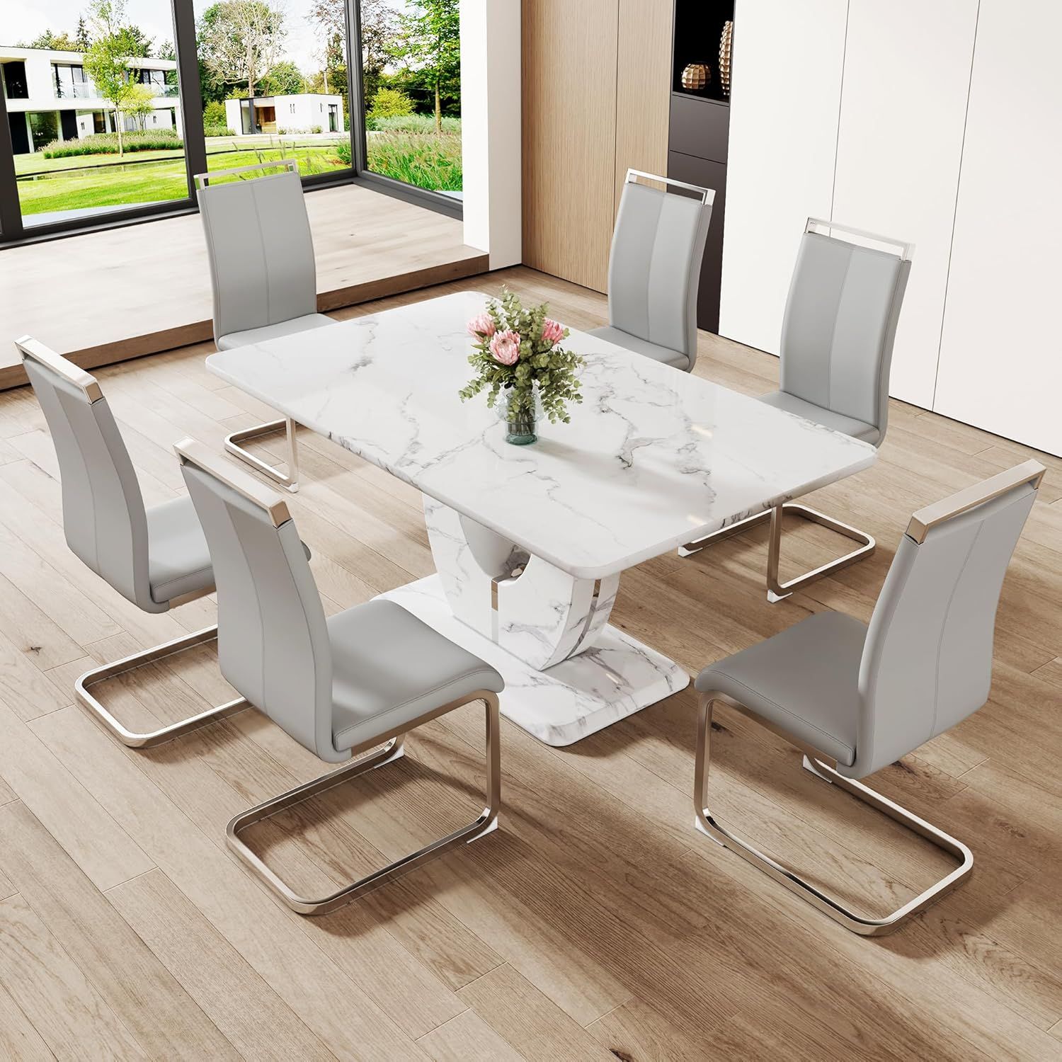 Amazon.com - Jufu Modern Dining Table Set For 6,White Faux Marble ... inside Modern Dining Table Set For 6 People