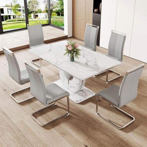 Amazon.com - Jufu Modern Dining Table Set For 6,White Faux Marble ... inside Modern Dining Table Set For 6 People