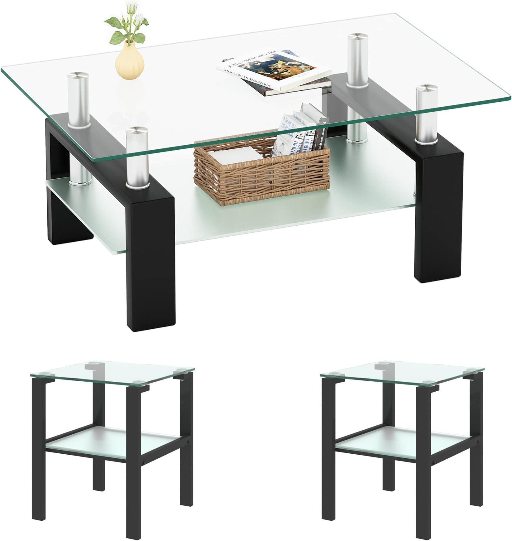 Amazon.com: Kinbor Glass 3 Piece Coffee Table Set - Modern Living Room ... regarding Achieve An Open Feel Discover The Versatile 3-Piece Coffee Table Set