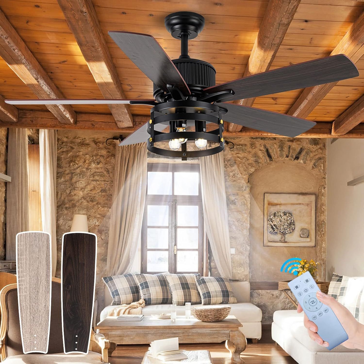 Amazon.com: Rustic Farmhouse Ceiling Fan With Lights, 52 Inch ... within The Ultimate Guide to Selecting Large Outdoor Ceiling Fans with Remote and Light Functionality