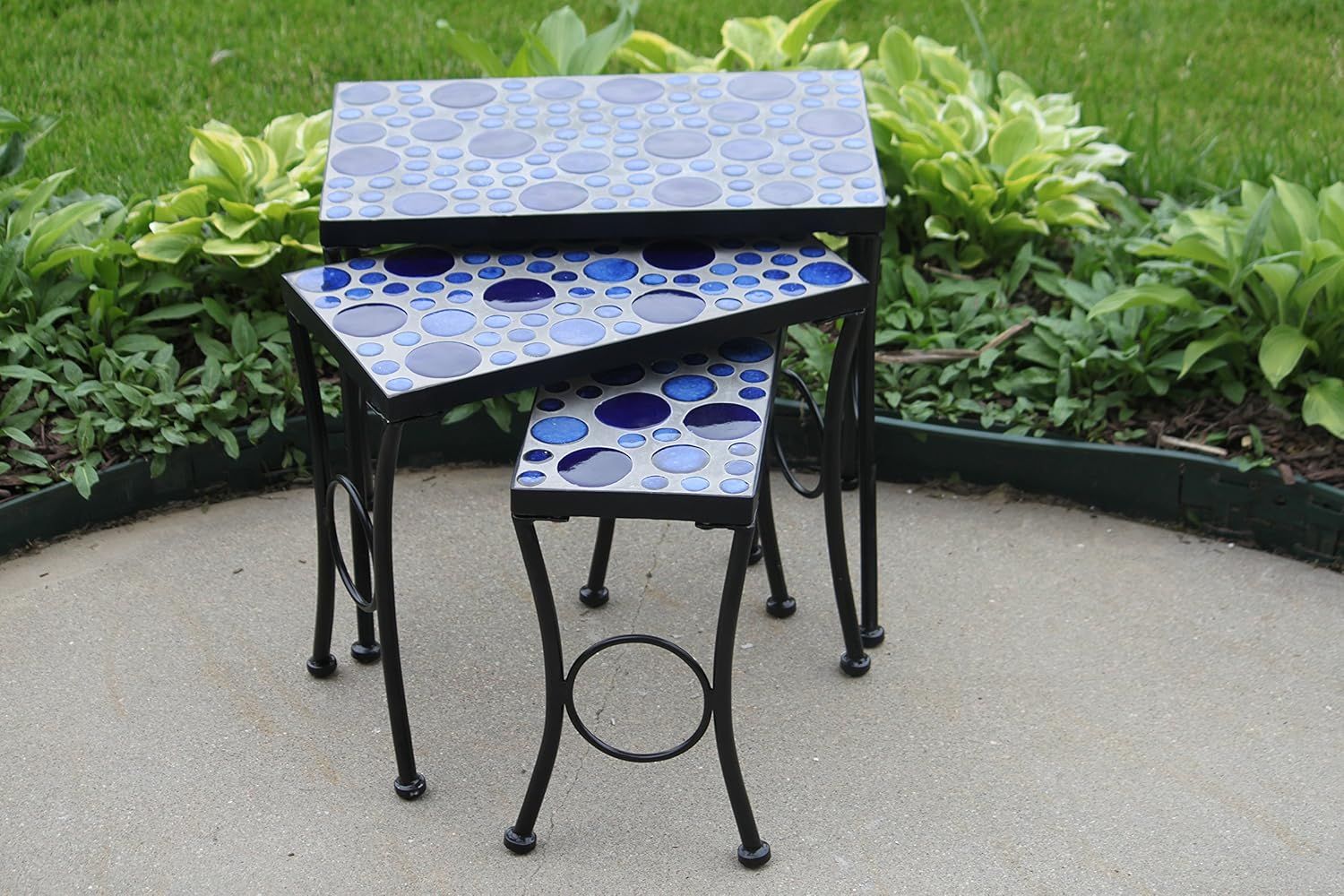 Amazon.com : Set Of 3 Cement Mosaic Blue Round Tile Top Accent Side ... within Homeroots Set Of 3 Brown Wood Round Top Accent Tables With Iron Nesting
