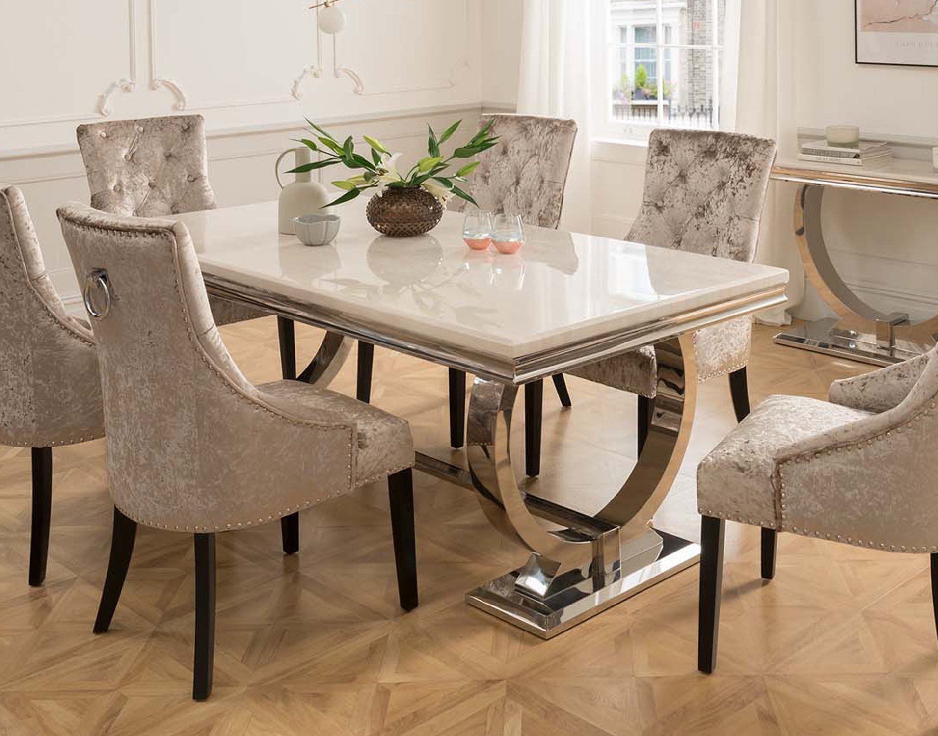 Arianna Cream Marble 200Cm Dining Set - Table + 6 Belvedere Pewter ... throughout How to choose the right marble top dining table that complements any home interior