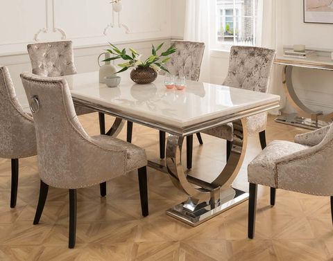 Arianna Cream Marble 200Cm Dining Set - Table + 6 Belvedere Pewter ... throughout How to choose the right marble top dining table that complements any home interior