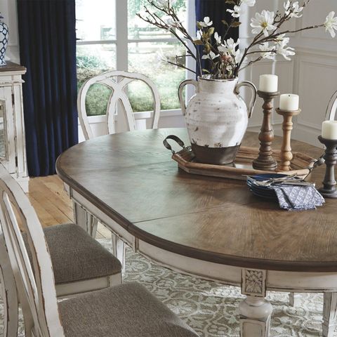 "Ashley Furniture Realyn Antique French Country Distressed Wood 72 ... throughout Signature Design By Ashley Realyn 72" Oval Extendable Dining Table In White