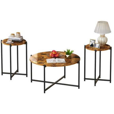 Awqm 3-Piece Coffee Table Set, Round Tabletop With Metal Cross Base ... regarding The Enduring Allure of Teak Coffee Table Sets in Contemporary Homes