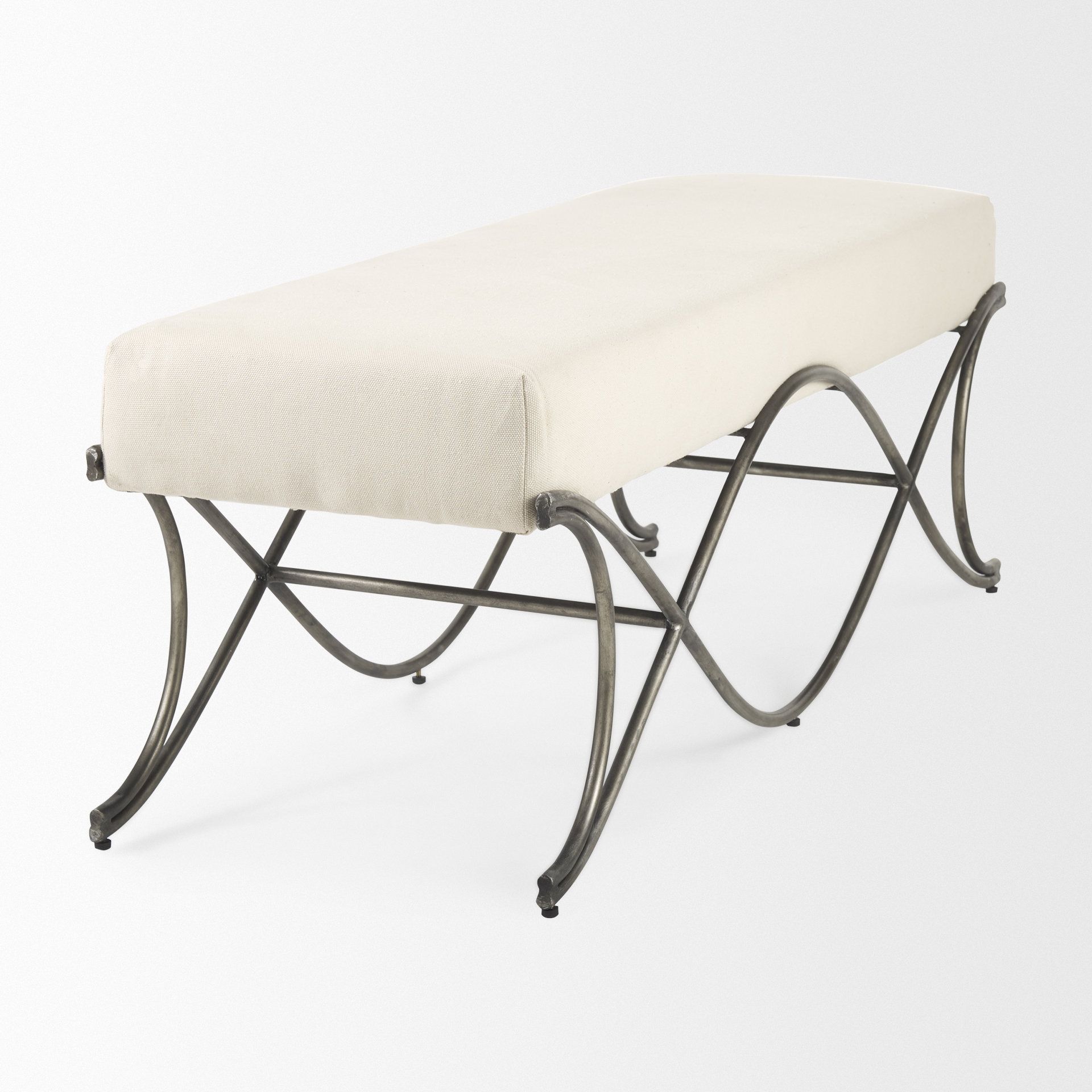 Ayla 55Lx17.6Wx18H Cream Fabric Seat With Antique Nickel Frame Bench ... with regard to Ayla 55Lx17.6Wx18H Dark Gray Fabric Seat With Dark Nickel Metal Frame Bench