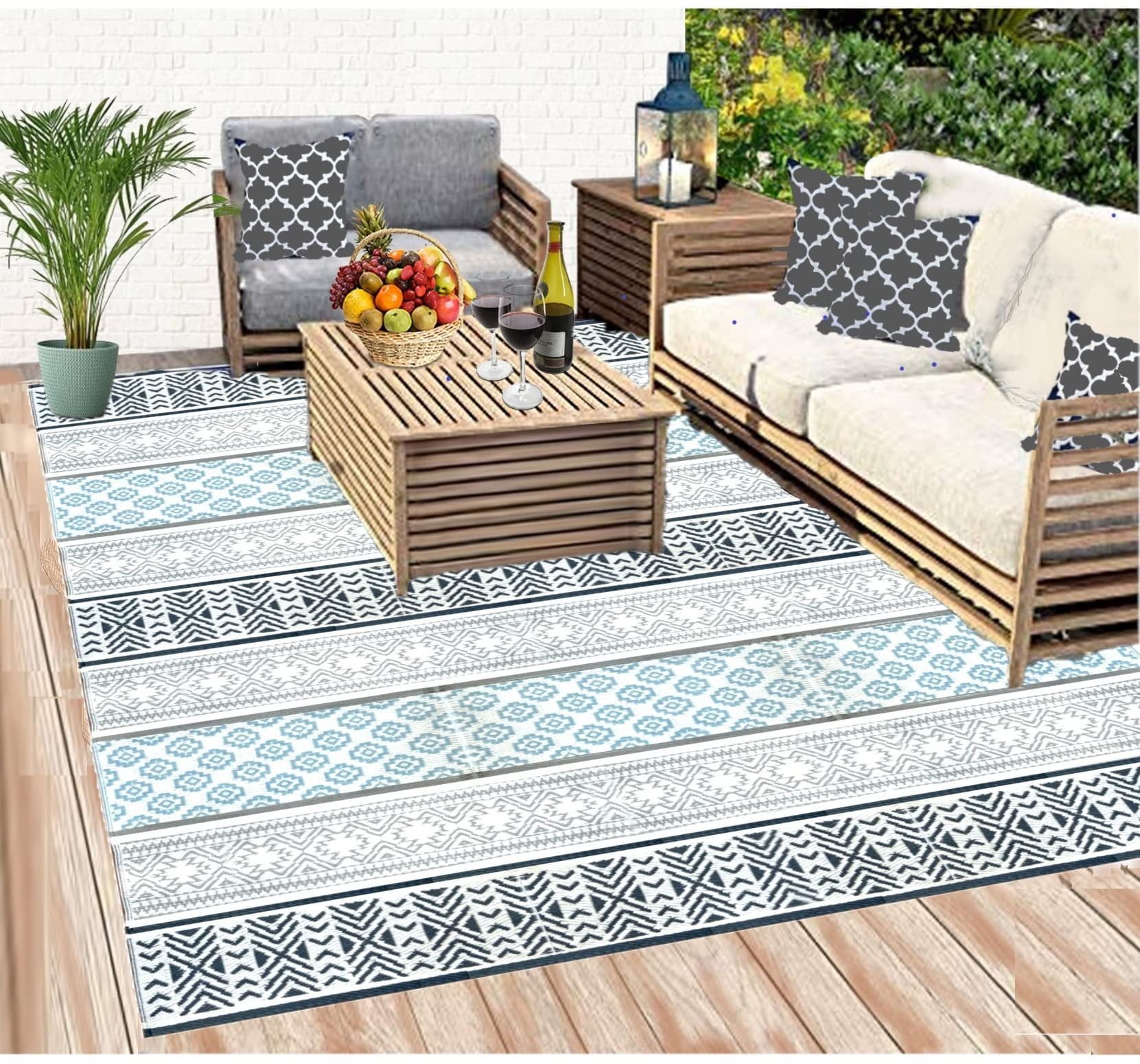 Balajeesusa Recycled Outdoor Plastic Patio Rugs – 9X12, Grey, Teal ... within Outdoor Ceiling Fan For Large Covered Deck