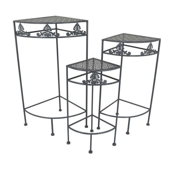 Benjara Sonny Corner Plant Stand Table Set Of 3, Gray Metal, Floral ... with The Bluebond Gray Table Set of 3 Craftsmanship and Quality Explored