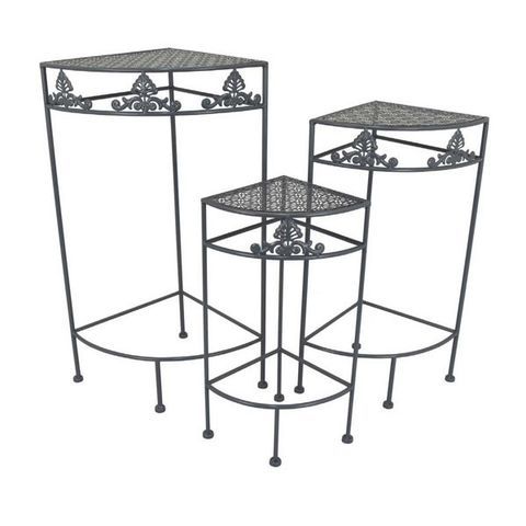 Benjara Sonny Corner Plant Stand Table Set Of 3, Gray Metal, Floral ... with The Bluebond Gray Table Set of 3 Craftsmanship and Quality Explored