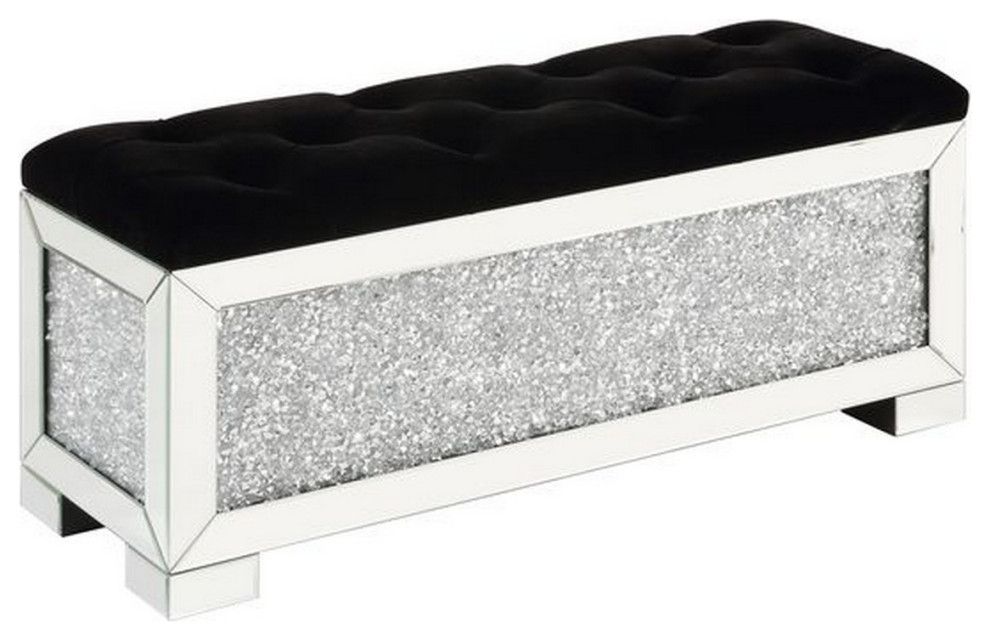 Benzara Bm251180 Mirrored Bench With Tufted Seat And Faux Diamonds ... in Celeste Mirrored Bench - Silver
