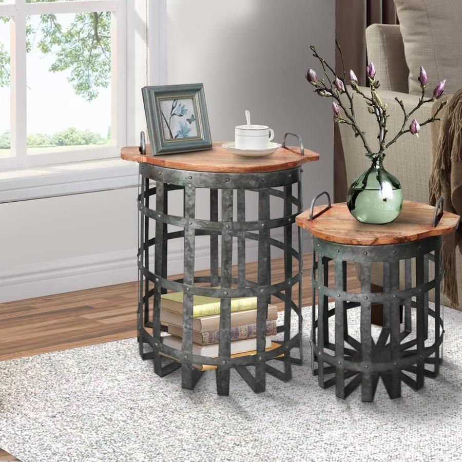 Benzara Industrial Grid Galvanized Accent End Table With Round Lid And ... intended for Crafting Your Industrial Grid End Table With Lid Handles Set of 2 Galvanized Gray Brown