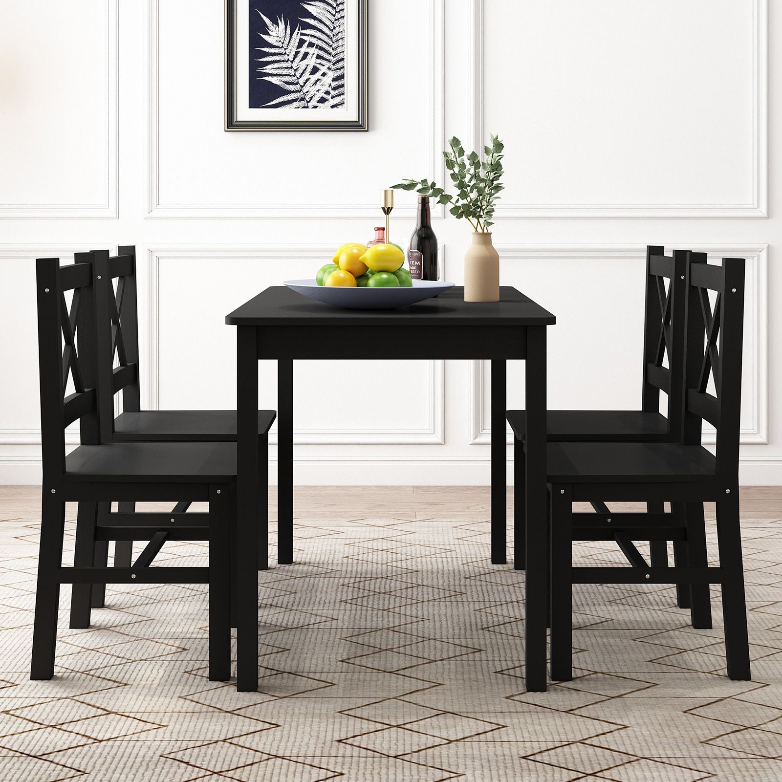 Black Dining Table And Chairs Set Of 4 Kitchen Solid Pine Wood ... in Loralie Dining Chairs (Set Of 2) - Matte Black, Gray, Matt Black