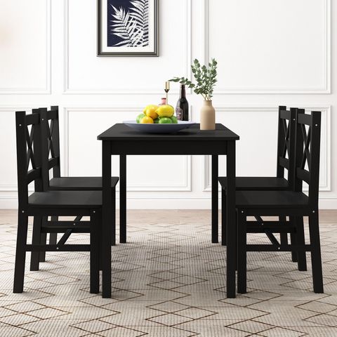 Black Dining Table And Chairs Set Of 4 Kitchen Solid Pine Wood ... in Loralie Dining Chairs (Set Of 2) - Matte Black, Gray, Matt Black