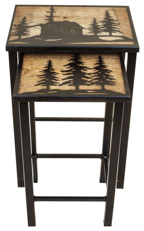 Black Iron And Stained Wood Nesting Table Set With Cabin Scene - Rustic ... within The Enduring Appeal of Black Iron and Stained Wood Nesting Table Sets