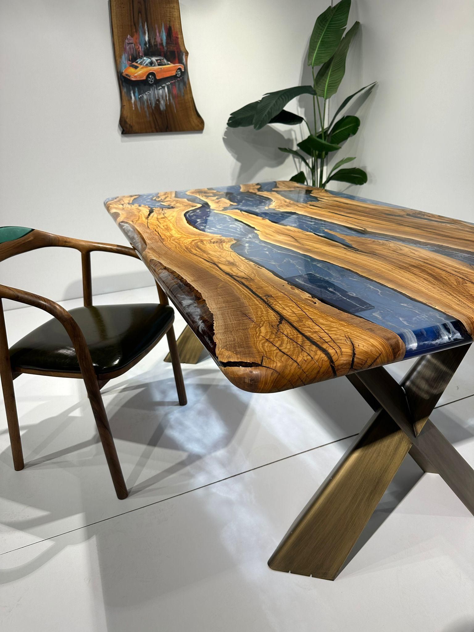Blue Olive Epoxy Resin River Table - Dining Table - Custom Wood Table ... in Custom Wood Dining Table With Epoxy Resin