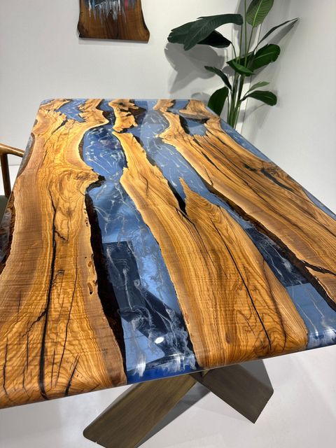 Blue Olive Epoxy Resin River Table - Dining Table - Custom Wood Table ... with Custom Wood Dining Table With Epoxy Resin