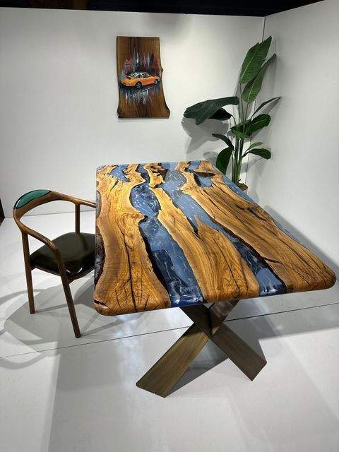 Blue Olive Epoxy Resin River Table - Dining Table - Custom Wood Table ... within Custom Wood Dining Table With Epoxy Resin
