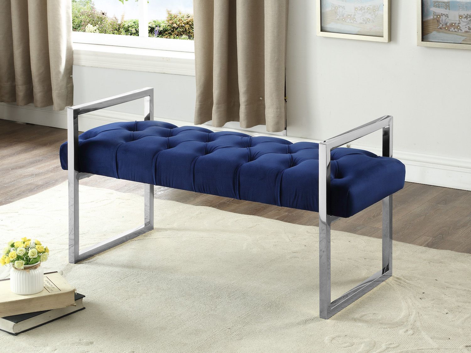 Blue Velvet Fabric Bench With Stainless Steel Legs inside Velvet Bench With Stainless Steel Bench, Green