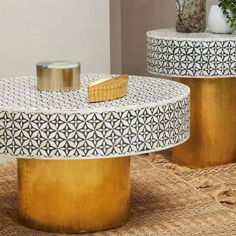 Boho White Pearl Inlay And Black Wood Side Bedside Table With Gold Legs ... with regard to 4Pc Black Wood Coffee Table Set With Gold Painted Legs