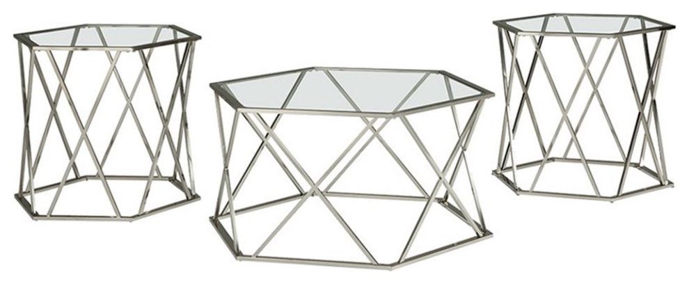 Bowery Hill 3 Piece Glass Top Accent Coffee Table Set In Chrome - Contemporary - Coffee Table ... pertaining to Designing with the Bowery Hill Tempered Glass Coffee Table Set