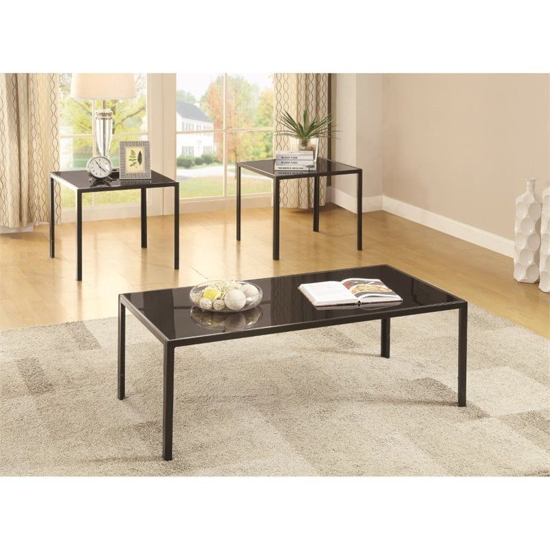 Bowery Hill 3 Piece Glass Top Coffee Table Set In Black - Walmart.com ... inside Bowery Hill 3-Piece Modern Metal Coffee Table Set In Matte Black