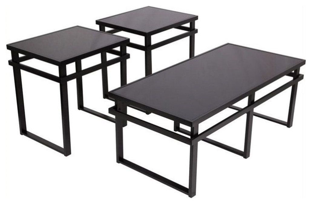 Bowery Hill 3 Piece Modern Glass Occasional Table Set In Black ... pertaining to Bowery Hill 3-Piece Modern Metal Coffee Table Set In Matte Black