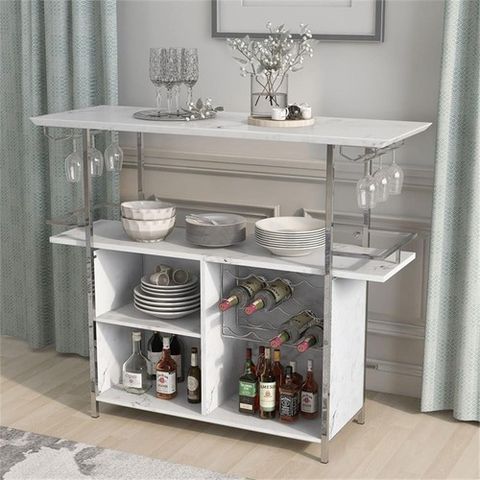 Bowery Hill Faux Marble Wood Multi-Storage Bar Table In White | Ebay intended for Achieving a Chic and Functional Living Room with Bowery Hill Tables