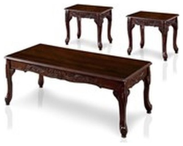 Bowery Hill Traditional 3 Piece Solid Wood Coffee Table Set In Dark ... regarding 3-Piece Traditional Coffee Table Set, Cherry Finish &amp; Carved Details