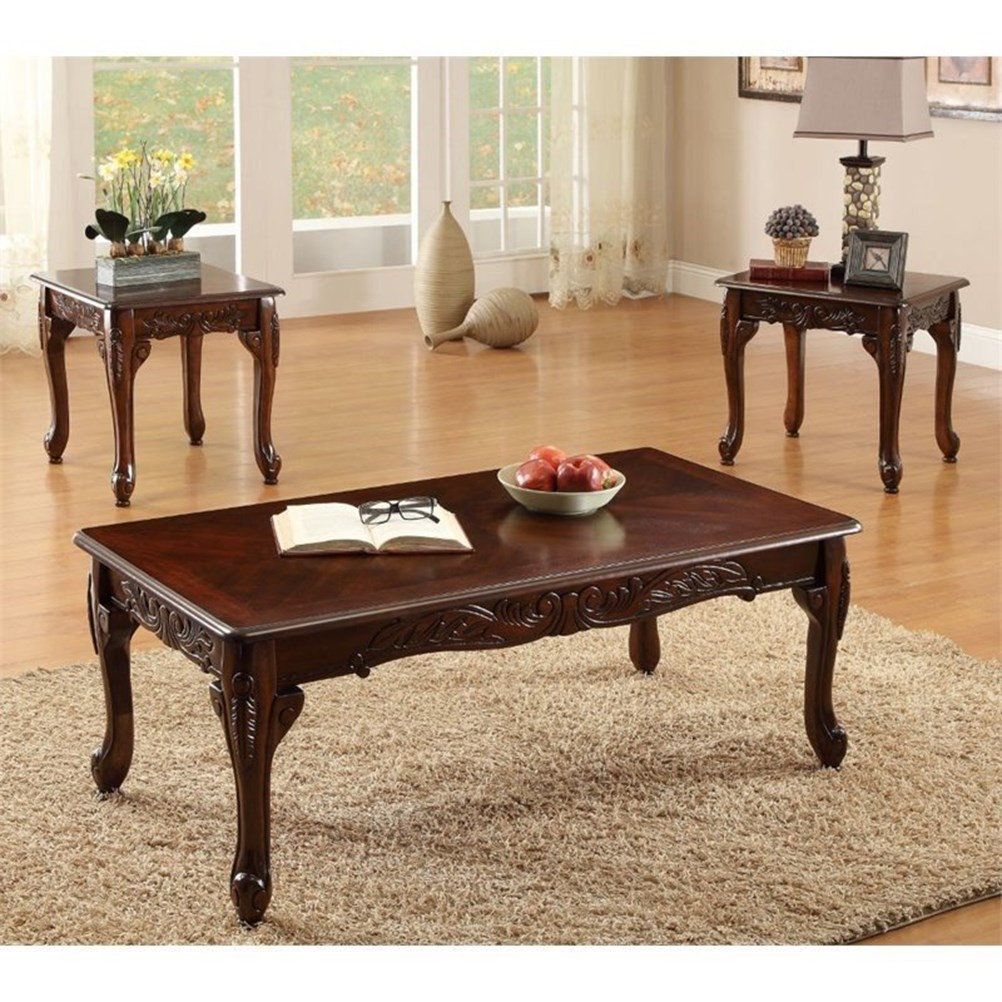 Bowery Hill Traditional 3 Piece Solid Wood Coffee Table Set In Dark ... with regard to Styling Your Home with a Classic Cherry Finish Coffee Table Ensemble