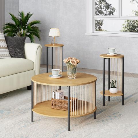 Brafab 3-Piece Boho Coffee Table Set, Hand-Woven Natural Fiber Rope ... regarding The Enduring Allure of Teak Coffee Table Sets in Contemporary Homes