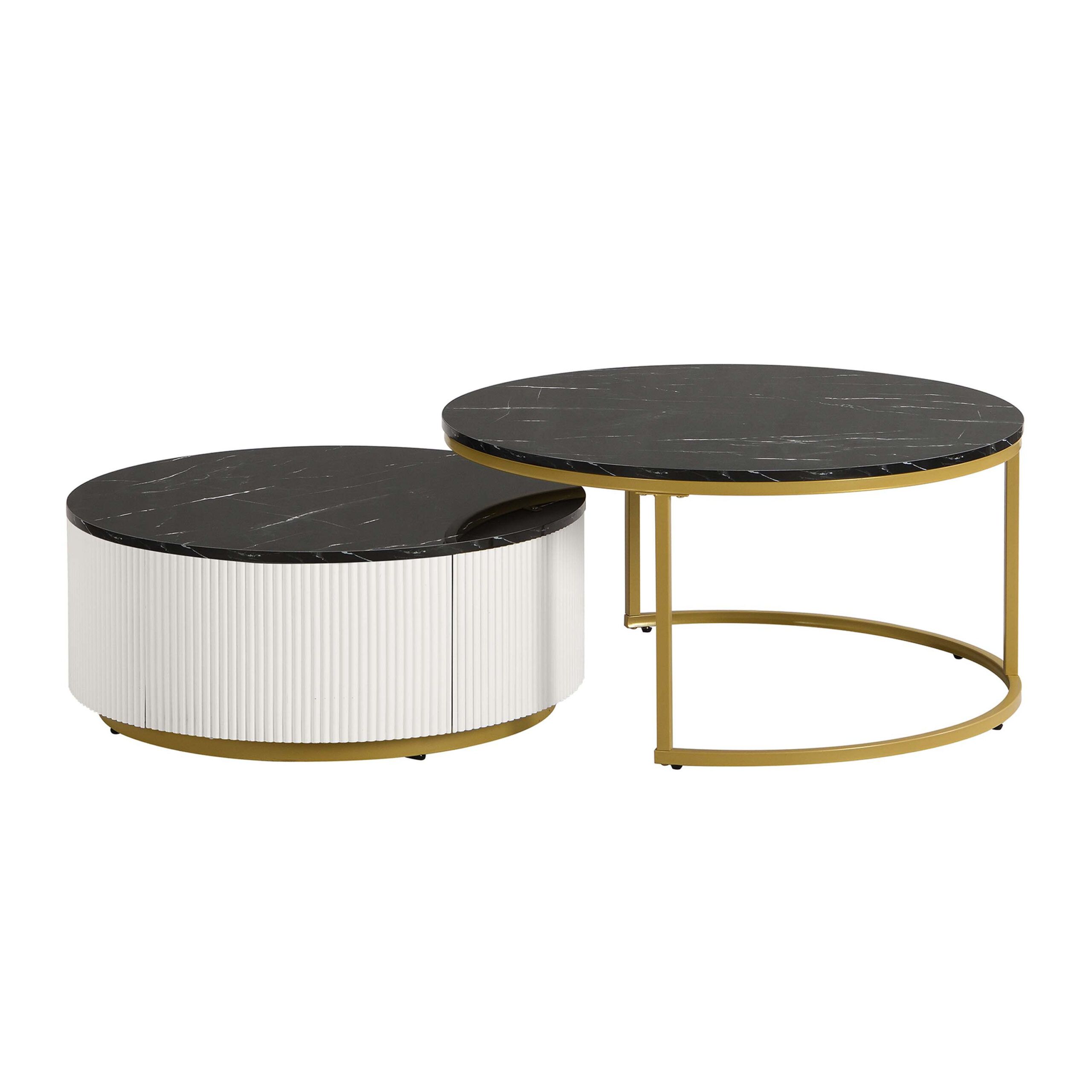 Brayden Studio® Modern Round Nesting Coffee Table Fluted With Drawer In Black &amp; Gold In 31.5 ... pertaining to A Guide to Styling Your Gewnee Modern Round Nesting Coffee Table