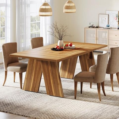 Byblight Sealey Farmhouse Brown Wood 71 In. Trestle Dining Table Seats ... pertaining to Colton Solid Oak 71" Dining Table Without Brass, Light Brown