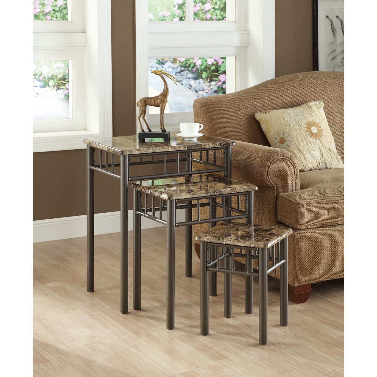 Cappuccino Marble/ Bronze Metal 3-Piece Nesting Table Set - 14344343 ... for Cappuccino Table Set, 3 Piece Set