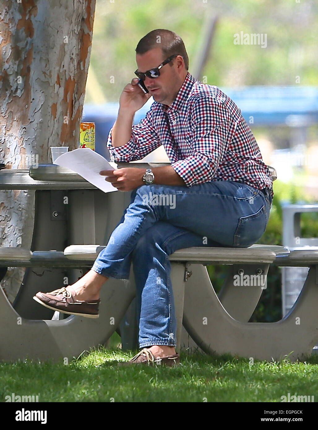 Chris O'Donnell Sitting On A Park Bench In Los Angeles Featuring: Chris ... throughout O'Donnell Bench Craftsmanship and Enduring Appeal