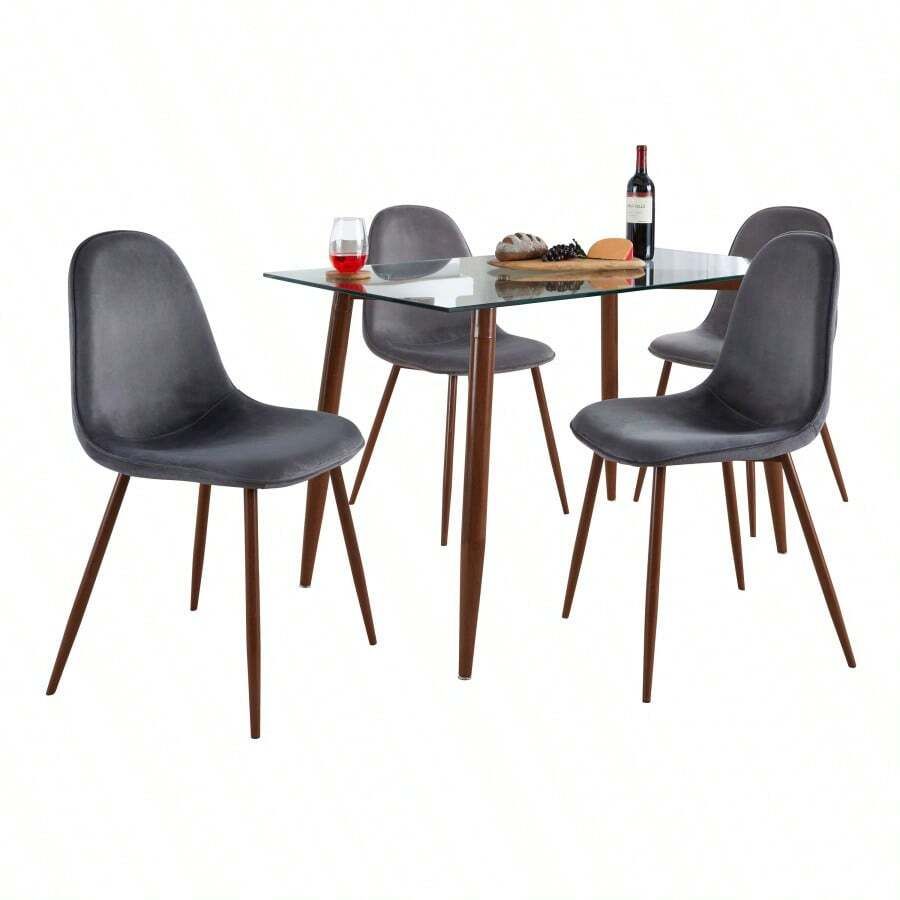 Clara-Pebble Mid-Century Modern Dining Set In Walnut Metal, Clear Glass ... in Clara Table, Walnut Metal, Clear Glass
