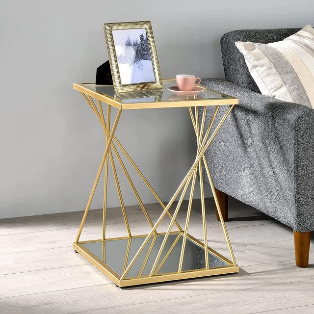 Contemporary Side Table, Golden Geometric Base With Mirrored Shelf ... regarding Contemporary Side Table, Golden Geometric Base With Mirrored Shelf &amp; Glass Top