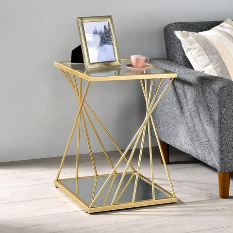 Contemporary Side Table, Golden Geometric Base With Mirrored Shelf ... regarding Contemporary Side Table, Golden Geometric Base With Mirrored Shelf & Glass Top