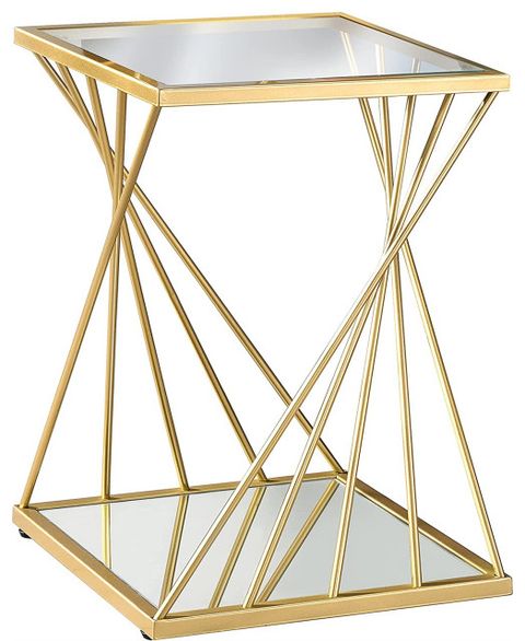 Contemporary Side Table, Golden Geometric Base With Mirrored Shelf ... with regard to Contemporary Side Table, Golden Geometric Base With Mirrored Shelf & Glass Top