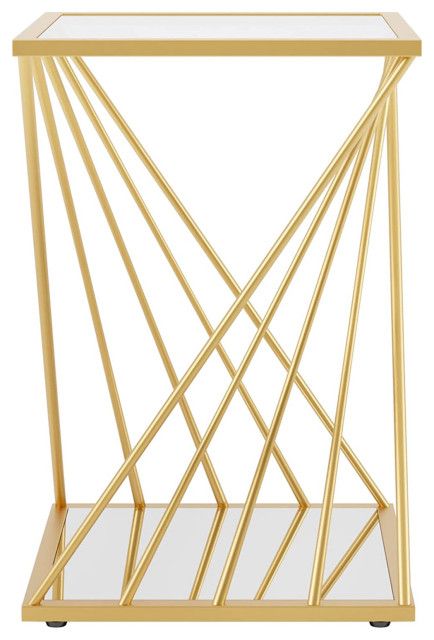 Contemporary Side Table, Golden Geometric Base With Mirrored Shelf ... within Contemporary Side Table, Golden Geometric Base With Mirrored Shelf &amp; Glass Top