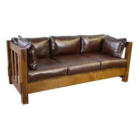 Crafters And Weavers Arts And Crafts Slat Leather Sofa In Walnut ... for Crafters And Weavers Arts And Crafts Leather Sofa In Brown/Russet