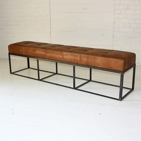 Cruz Leather Bench Upholstered In Caprice Tan. Tufted Bench Seat On Sectioned Iron Frame ... pertaining to Rumble Upholstered Bench, Tan, 72" W X 22" D X 16.5" H, Vegan Leather