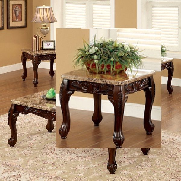 Dark Cherry 3 Piece Table Set Coffee End Tables Marble Accent Sofa ... for 3-Piece Traditional Coffee Table Set, Cherry Finish &amp; Carved Details