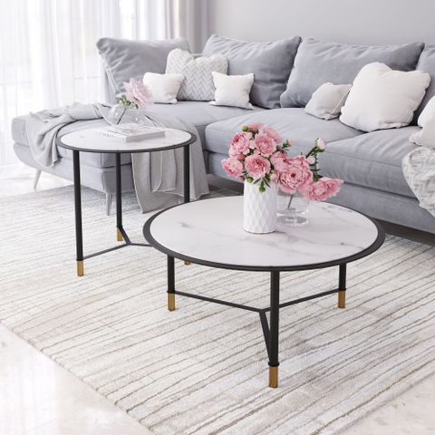 Davis Coffee Table Set (2-Piece) White & Black Coffee Table, Modern Style, Faux Marble Tempered ... within Davis Coffee Tables White/Black, 2-Piece Set