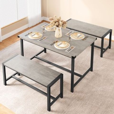 Dining Table Set For 4, Kitchen Table With 2 Metal Wood Benches ... with Styling Your Gray 3-Piece Table Set A Practical Guide